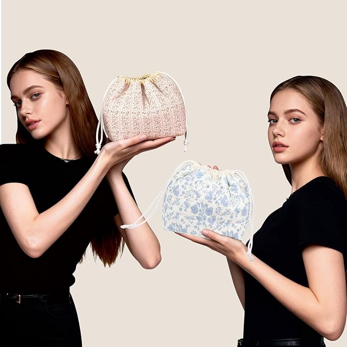 Gosect Large Makeup Bag, Cute Drawstring Cosmetic Bag with Canvas Lining, Floral Coquette Aesthetic Toiletry Bag, Travel Make Up Organizer Bag for Women and Girl (Blue Flower)