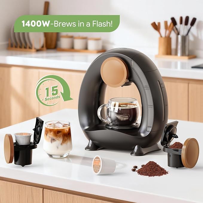 Single-Serve Coffee Maker, 2 in 1 One Cup Coffee Machine Compatible with K-Cup Pod & Coffee Grounds/Tea with One Button Operation,Fast Brew in 1 minute,Compact For Home, Office, RV and Dorm (Black)