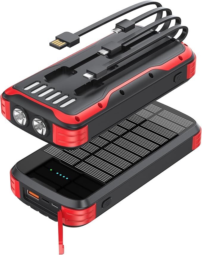 MINRISE Solar Charger Power Bank, 40000mAh Portable Charger PD 20W Fast Charging Solar Power Bank Built in 4 Cables and USB-C in/Output, Camping Essentials External Battery Pack with Flashlights