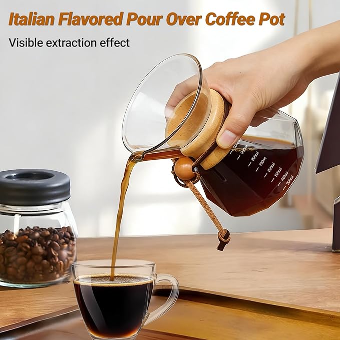 Coffee Pour Over 33.8oz 1000ml High Borosilicate Glass Pour Over Coffee Maker Set Camping with Reusable 304 Stainless Steel Filter Hand Brew Carafe Drip Suitable for Electric Ceramic Stove