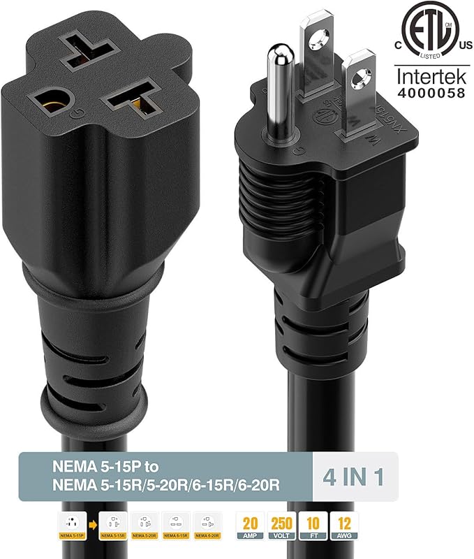 (10-Feet) NEMA 5-15P to 5-15R/ 5-20R/ 6-15R/ 6-20R AC Adapter, Plugrand 12AWG 15 Amp Household AC Plug to 20 Amp T Blade Adapter Cable, 15A 125V to 20A 250V Extension Cable, 10FT, Yellow