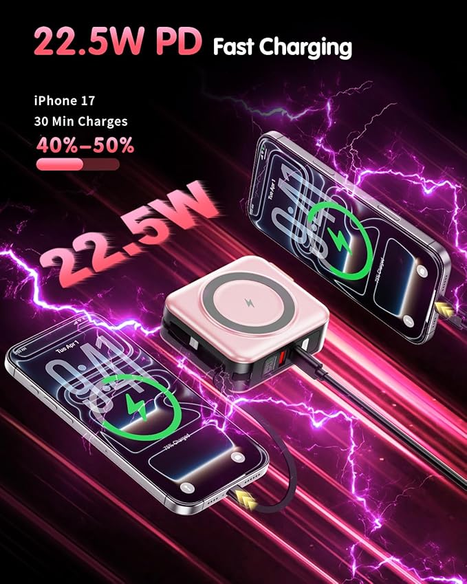 6-in-1 for Magsafe Portable Charger with Built-in Cables & Wall Plug,10000mAh Magnetic Wireless Power Bank,22.5W Fast Charging USB C Battery Pack,Travel Essentials for iPhone 17/16/15/14/13/12,Pink