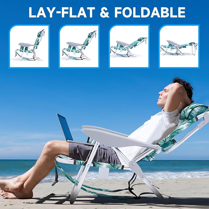 2 Pack Lightweight Portable Camping Beach Chair for Adults, Outdoor Lay Flat Folding Beach Chairs with 5 Positions, Backpack Beach Chair with Towel Bar, Zipper Pouch, Cup Holder, Green Leaves