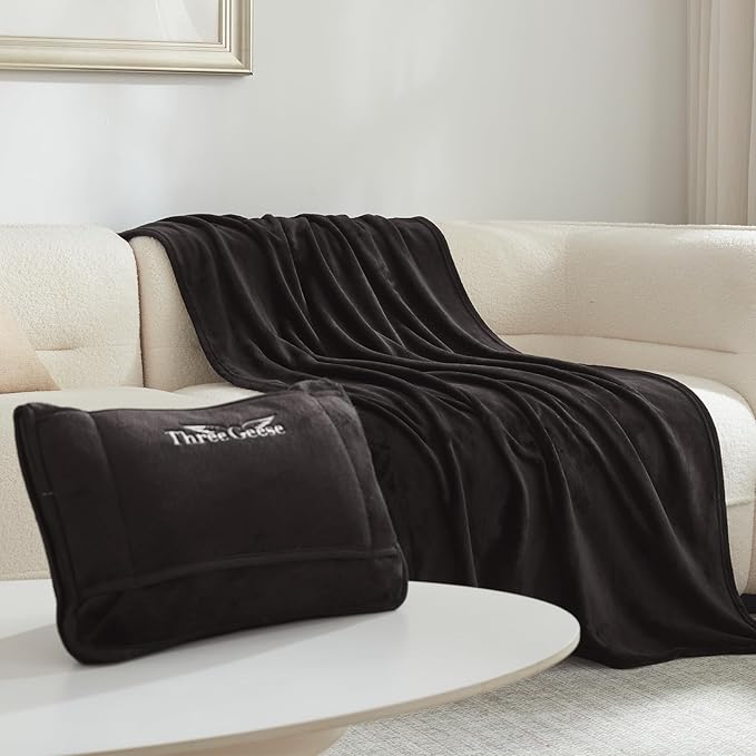 Three Geese 2-in-1 Travel Blanket and Pillow, Soft Flannel Airplane Throw Blanket and Pillow with Luggage Sleeve, 65x40inches, Portable Compact Design with Bag, Ideal for Travel Comfort.