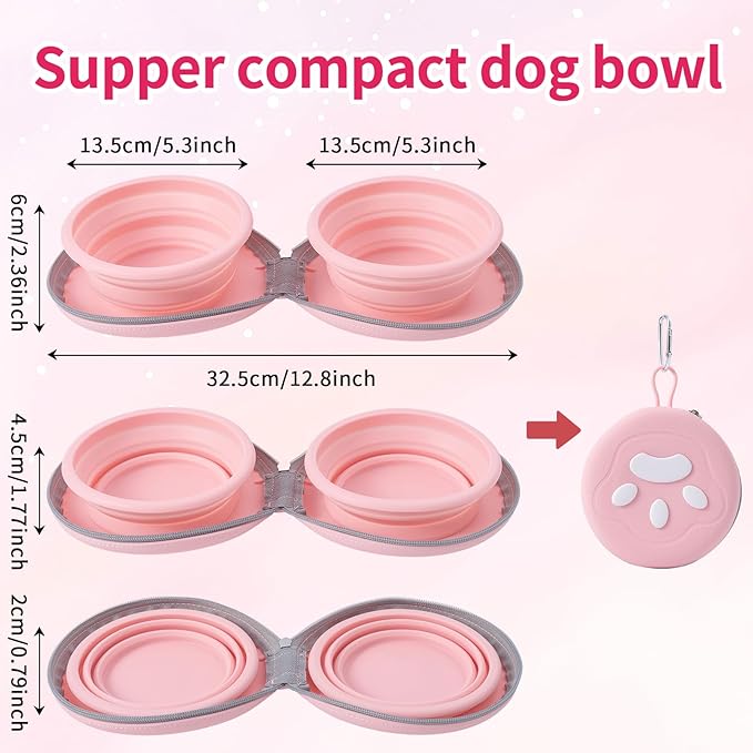 Dog Bowl for Travel, Collapsible Silicone Dog Dual Bowls with Dustproof Zip Case and Pet Paw Pattern 180 Degrees Flip Over Compact Foldable Feeder for Camping Hiking Trips