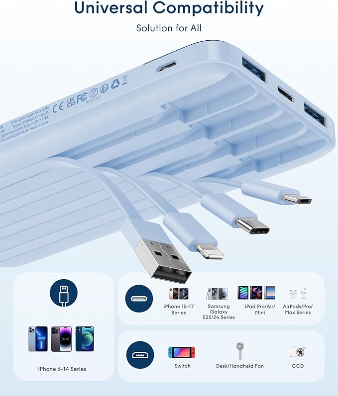 charmast 10000mAh Portable Charger with Built-in Cables, 6 Outputs & 3 Inputs Power Bank, Compact Travel Essential Battery Pack for iPhone 16/15, Samsung S25/S24, Google Pixel, iPad, AirPods & More