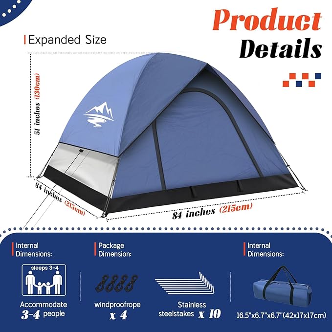 Tents for Camping 2-3 Person Tent – Camping Tent with Rainfly Waterproof 2500MM, Easy Setup in 5 Mins, Ourtdoor Dome Tents Lightweight Backpacking Tent for Couples, Small Families, Festivals, Backyard