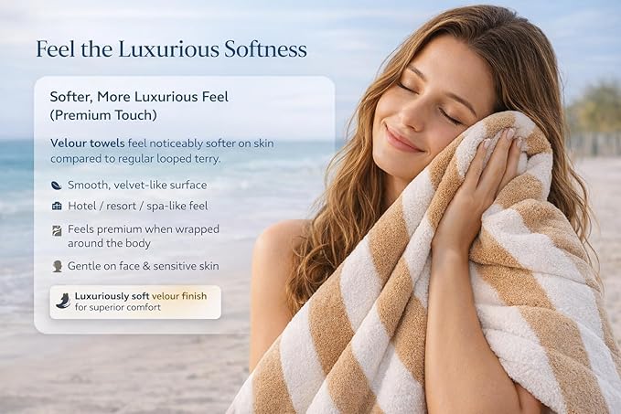 Premium Velour Cabana Beach Towel 2 Pack, 30” x 60” Soft Plush Cotton Pool Towel, Absorbent Quick Dry Towel for Beach and Pool (White Beige)