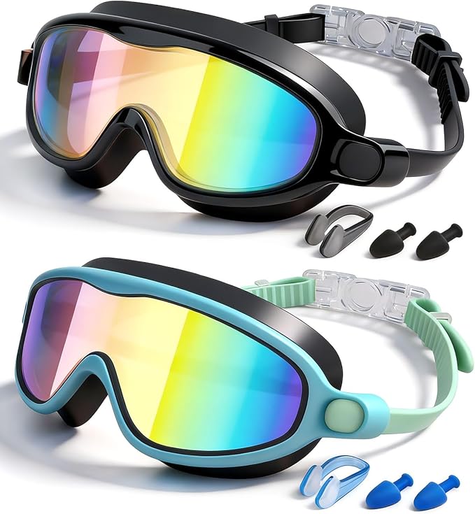 Swim Goggles 2 Pack, Wide View Anti Fog&UV Swimming Goggles for Audlt, No Leak Pool Beach Essentials for Men Women