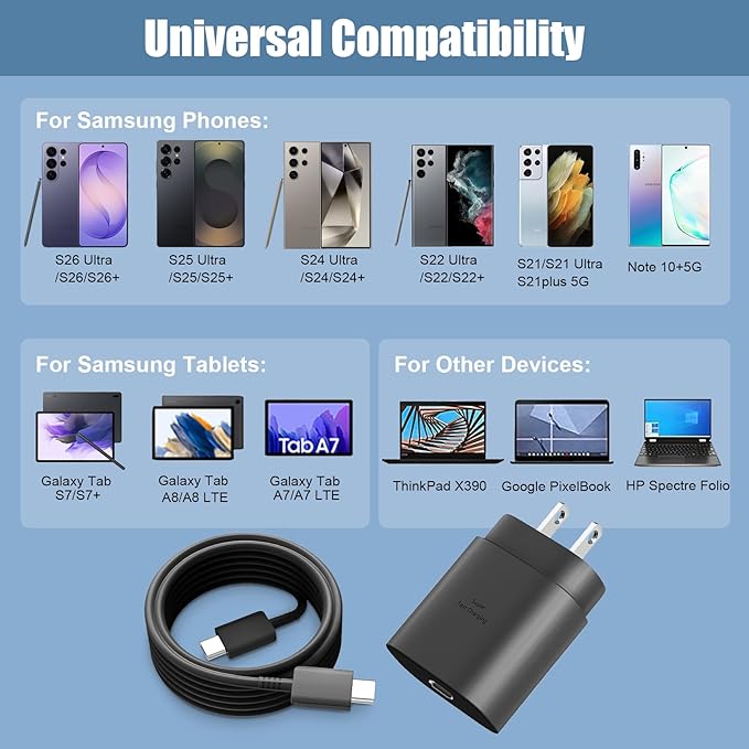 S26 S25 S24 S23 S22 Fast Charger for Samsung Phone,25W USB C Charger Android Chargers Type C Charger Fast Charging Block 10Ft USB C Cable Cord for Samsung Galaxy S26/S25/S24/S23/S22/S21/S20/Plus/Ultra