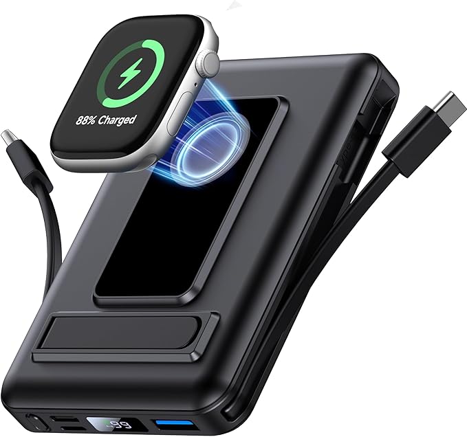 Magnetic Portable Charger, 10000mAh Wireless Power Bank for iPhone with Built-in Cables, 20W Fast Charging for Magsafe Battery Pack with Stand for iPhone Air/17/16/15/14/13/12 and Apple Watch