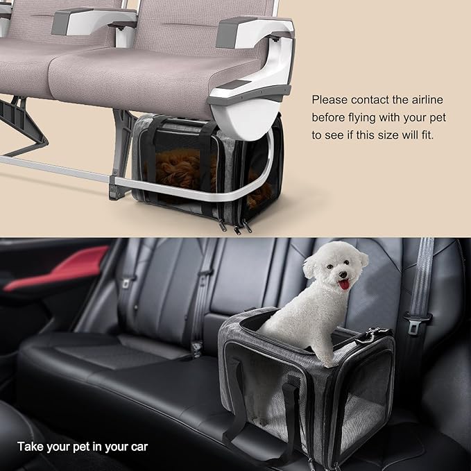 Pet Carrier for Small Dogs Cats, Up to 15Lbs, Airline Approved Collapsible Travel Puppy Carrier, 17x11x11 Inches, Grey
