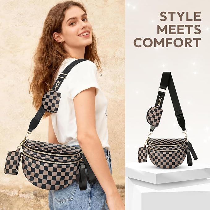 Cross Body Bag for Women Bum Bag Checkered Belt Bags Fanny Packs for Girls Travel Purse Fashion Waist Packs Crossbody Nylon Purse Trendy Shoulder Bags for Womens