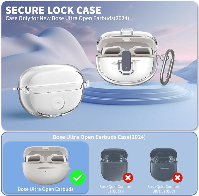 [Secure Lock] for Bose Ultra Open Earbuds Case(2024), TUDIOW Clear TPU Shockproof Protective Cover for Bose Open Ear Wireless Earbuds Accessories with Cleaning Kit& Keychain (Clear)