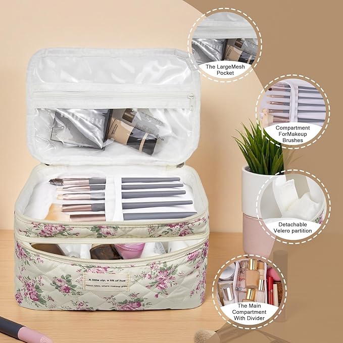 Gosect Large Quilted Makeup Bag, Large Floral Cosmetic Bag for Women, Cute Cotton Makeup Bags, Flower Travel Toiletry Organizer Bag (Pink Flowers)