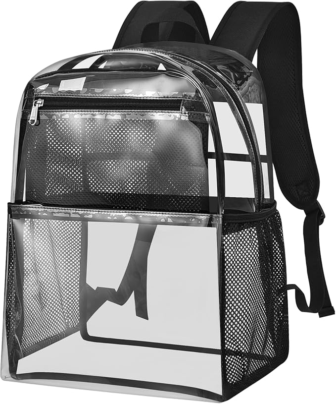 Paxiland Clear Backpack Stadium Approved 12×12×6, Small Transparent Bag with Reinforced and Widened Shoulder Straps, Black-Large