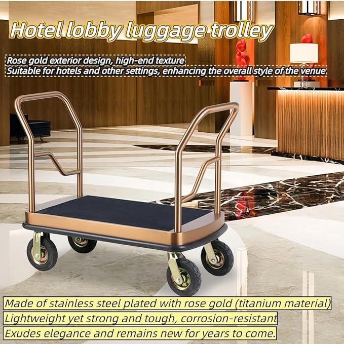 Stainless Steel Hotel Luggage Cart, Silent Wheels Airport Luggage Trolley with Carpeted Base