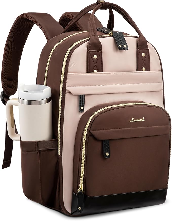 LOVEVOOK Laptop Backpack Women with Giant Cup Holder,15.6 inch Waterproof Work Travel Backpack Computer Laptop Bag,Cute College Nurse Teacher Backpack Purse,Gift for Women & Men,Coffee-Milk tea-Coffee