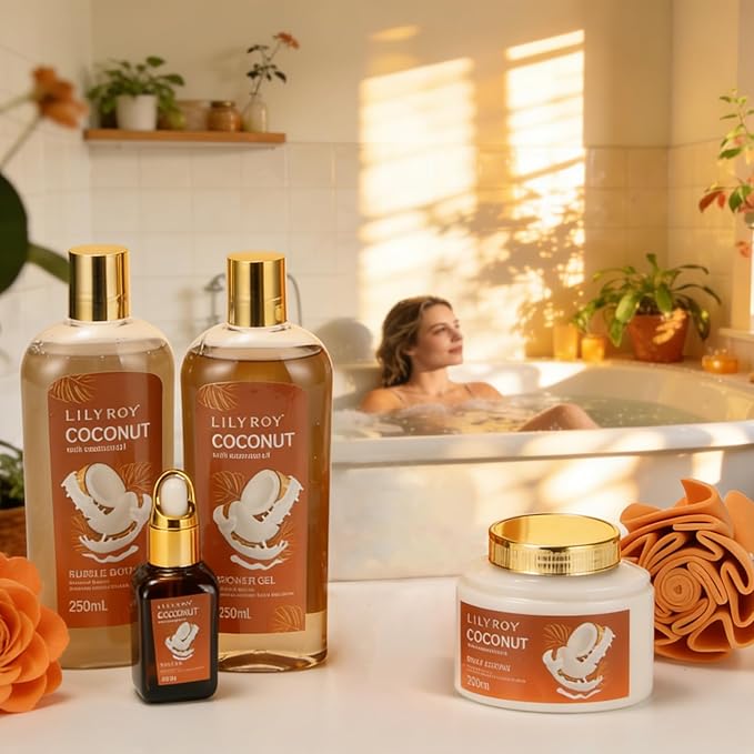 Mother's Day Gift Basket for Women, Gifts for Women - 7Pcs Coconut Bath and Body Spa Gift Basket for Women & Men Self Care Spa Kit | Valentines Day, Fathers Day, Birthday, Christmas Gifts for Her Him