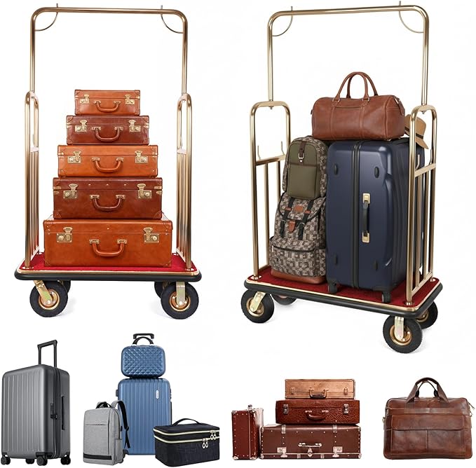 Generic Hotel Luggage Cart Wagon 39Lx19Wx68H Inch Lobby Trolley Luggage Carts Up to 881LBS 8-inch Silent Rubber Casters Carpet Deck Bumper Rails for Commercial Use Condos Resorts