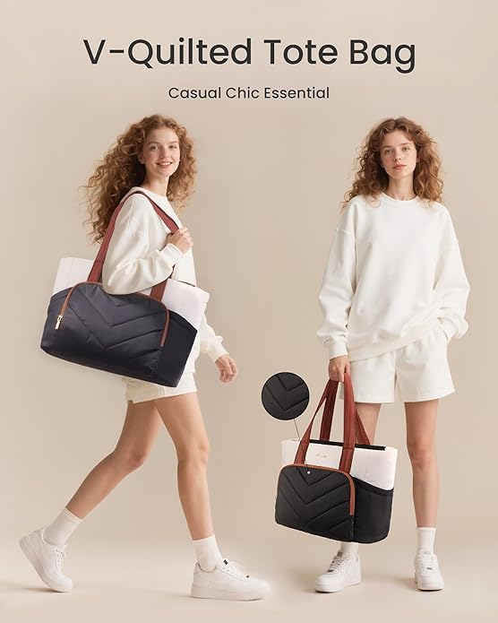LOVEVOOK Puffer Tote Bag for Women, V-Quilted Puffy Teacher Tote Nurse Bag, Large Shoulder Laptop Purse for Work Travel Gym
