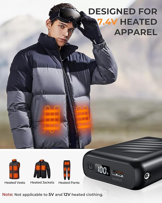 7.4V 20000mAh Heated Vest Battery Pack Compatible with ORORO, Battery Pack for Heated Vest with LED, Rechargeable Power Bank for Weamest, for XINSONYUELL, for TODWARM, for Vestego