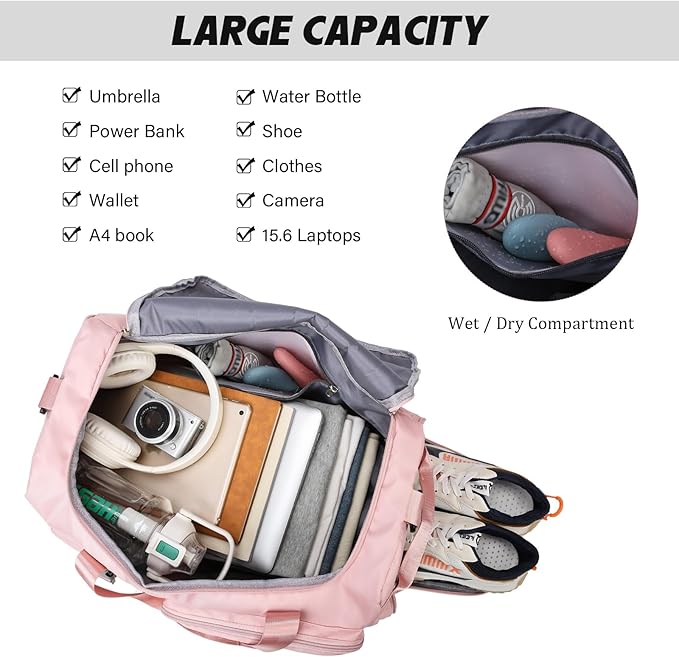 Eslcorri Gym Duffle Bag for Women Men, Sports Backpack with Wet & Shoe Compartment, Fitness Overnight Weekender Bag for Yoga, Swim, Travel (Style B, Black)