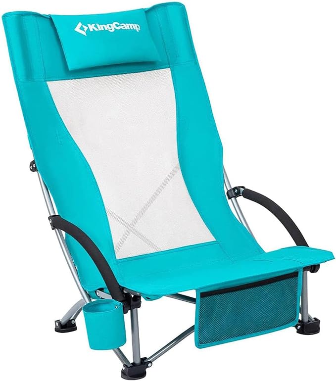 KingCamp Low Beach Chair, High Back Folding Camping Chair for Adults, Oversized Breathable Mesh Seat, 300lbs Heavy Duty Portable Chair with Cup Holder & Storage Pockets for Beach, Outdoor