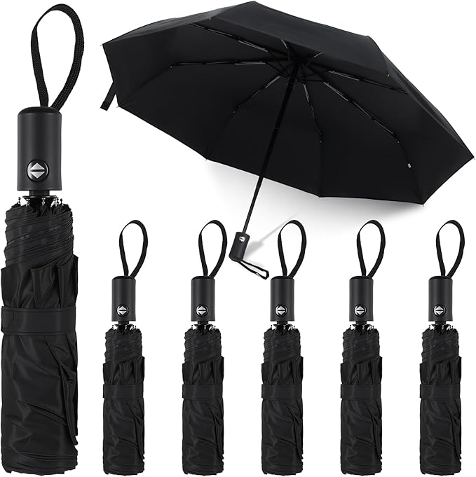 6 Pack Travel Bulk Umbrellas, Automatic Open Close Windproof Rain Umbrellas, Dual-use Black Folding Umbrella Compact Umbrella for Family Men Women