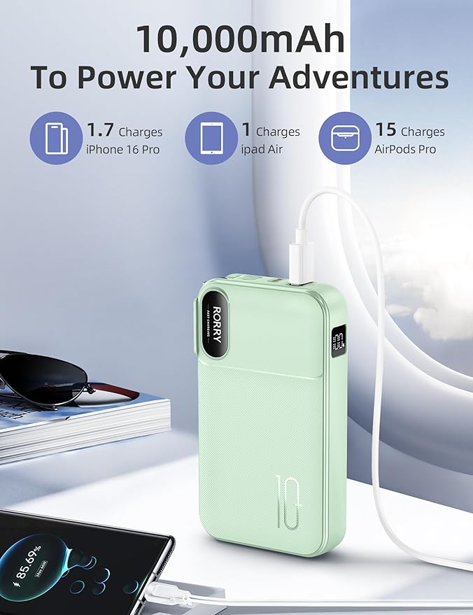 RORRY Portable Charger Built in Cables, AC Wall Plug In Portable Charger Power Bank 10000mAh Travel Battery Pack 22.5W Fast Charging for iPhone 17/16/15 Samsung Galaxy S25/S24/S23 Pixel LG iPad, Green