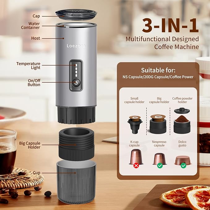 Portable Espresso Maker, 20Bar Rechargeable Wireless Stainless Steel, 3-in-1 for Nespresso & Ground Coffee, Self-Heating Travel Coffee Machine for Camping Office (Silvery