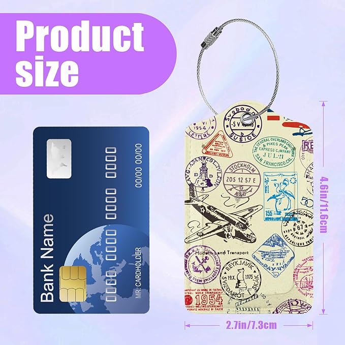 3 Pack Retro Travel Stamp Luggage Tags for Suitcase Travel Stickers PU Leather Luggage Tag Privacy Cover ID Label for Women Men Baggage Backpack Handbag School Bag