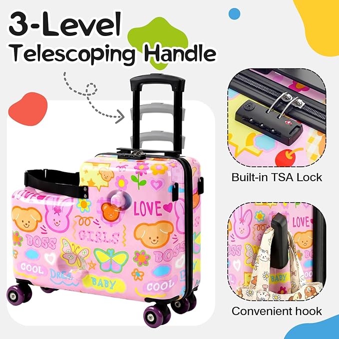 smilesun 20" Ride-On Suitcase for Kids, Cute Pattern, Lightweight Hardshell Carry-On Luggage with Double Spinner Wheels, TSA Lock for Boys & Girls (Candy Garden Pink, 20-inch)