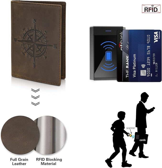 Polare Slim RFID Blocking Leather Passport Holder Travel Bifold Wallet For Men(Dark Brown Compass)
