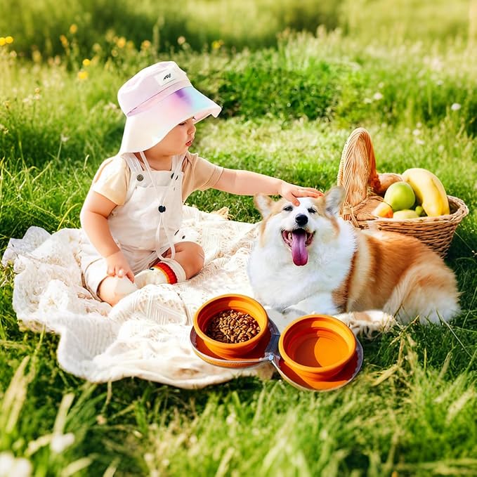 Collapsible Dog Bowls, Portable Dog Bowl, Travel Water Bowl for Dogs Camping Essentials, 2-in-1 Water Food Feeder Double Bowl for Traveling Camping Walking Hiking (Brown)