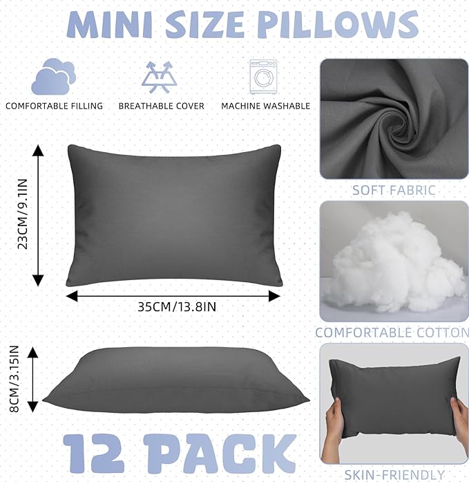 Kigley 12 Pack Mini Pillows for Daycare 9.1 x 13.8'' Small Travel Pillow Bulk Soft Breathable Cotton Pillow for Nap Travel Pet Neck Lumbar Purse Insert(Dark Gray)