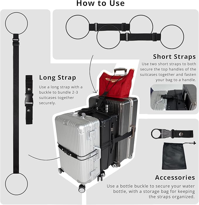 Luggage Straps 3 PCS for Suitcases TSA Approved 2 Short & 1 Long Adjustable Straps with Elastic Thick Rope for Connecting Suitcases and Bags Stably with a Strap Buckle and a Bottle Clip, Black