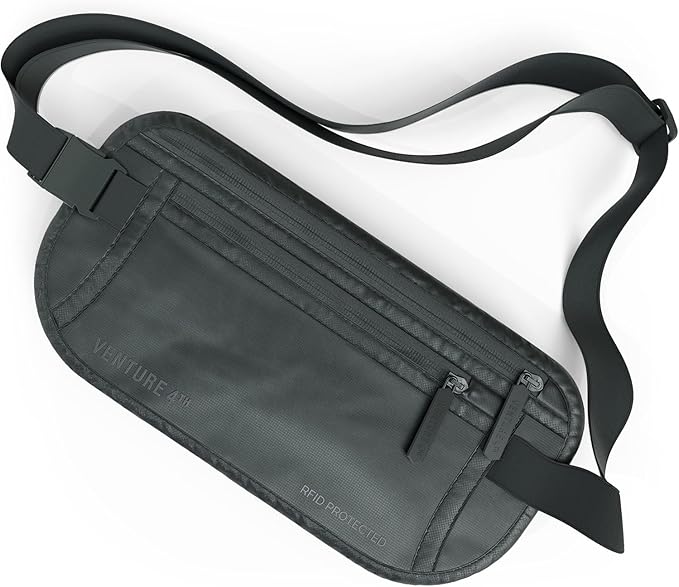 VENTURE 4TH Money Belt for Travel – Slim Hidden Under-Clothes RFID Blocking Anti-Theft Passport Holder & Travel Wallet Pouch for Men & Women to Protect Cash, Cards & Documents (Sleek Gray)