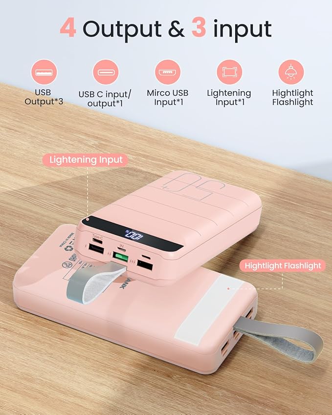 Power Bank Fast Charging 50000mAh - 22.5W Portable Charger USB C Quick Charge with 4 Outputs & 3 Inputs LED Display Huge Capacity External Battery Pack for iPhone, Samsung, iPad etc Pink