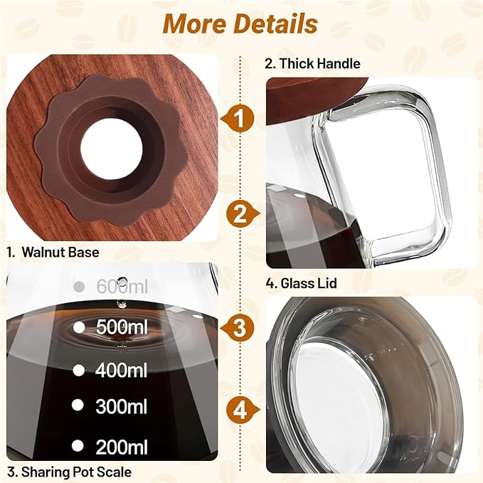 Coffee Pour Over 20.3oz 600ml High Borosilicate Glass Pour Over Coffee Maker Set Camping Travel with 100 Pcs V60 Cone Filter Paper Hand Brew Carafe Drip Suitable for Electric Ceramic Stove