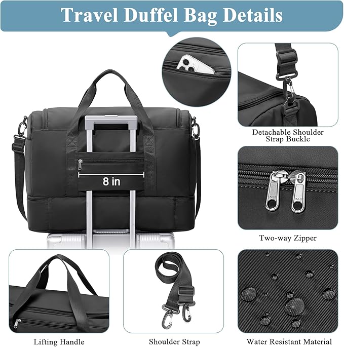 Large Travel Duffle Bag,Carry on Overnight Weekend Bag with Shoes Compartment,Weekender Bags for Women for Travel Business Trips Sport Hospital,2Pcs,Black