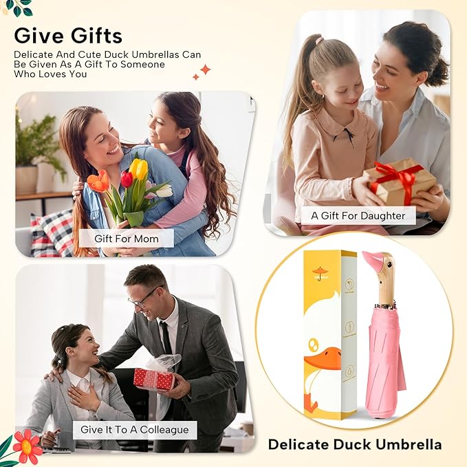 Compact Small Umbrellas for Rain&Sun, Cute Design Duck Head Umbrella for Girls Gifts, 8 Ribs Folding Umbrella with Wooden Handle