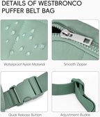 WESTBRONCO Puffer Fanny Packs for Women Quilted Nylon Waterproof Belt Bag with 2 Zipper, Puffy Crossbody Bag with Adjustable Strap, 1L Waist Bag for Travel Daily