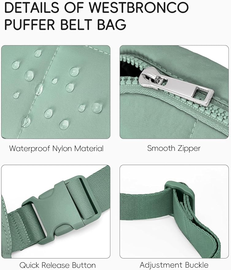 WESTBRONCO Puffer Fanny Packs for Women Quilted Nylon Waterproof Belt Bag with 2 Zipper, Puffy Crossbody Bag with Adjustable Strap, 1L Waist Bag for Travel Daily