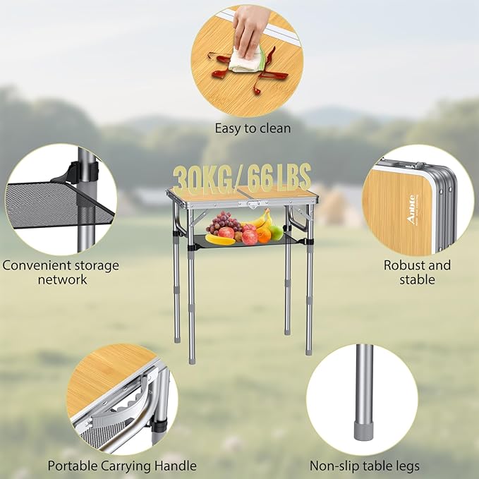 Anbte 2ft Camping Table Foldable, 3 Adjustable Heights High 27.5" Aluminum Small Folding Table with Carrying Handle, Portable, for Outdoor Indoor Picnic Beach BBQ Travel, 24" x 16", Light Oak Grain