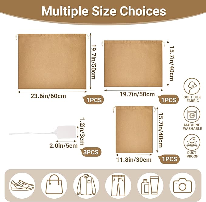 Ewen 3pcs Satin Drawstring Storage Pouch in Small Medium Large Sizes, Dustproof Packing Bag with Blank Tags for Closet Home Organization, Dark Brown Dustbags for Handbags Travel Essentials Shoes Purse
