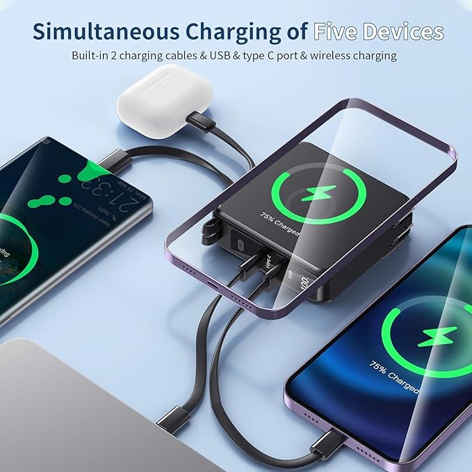 Wireless Charging Portable Charger with Built-in Cables & AC Wall Plug, 10000mAh Power Bank with LED light, PD 22.5W Fast Charging Travel Portable Charger for iPhone, Samsung, Android(No-Magnetic)
