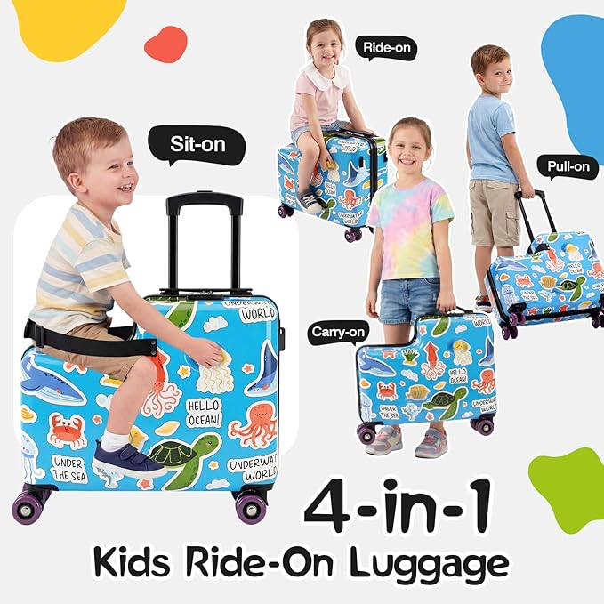 smilesun 20" Ride-On Suitcase for Kids, Cute Pattern, Lightweight Hardshell Carry-On Luggage with Double Spinner Wheels, TSA Lock for Boys & Girls（Blue）