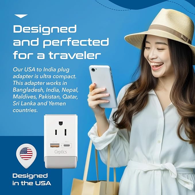 Ceptics India Maldives Power Plug Adapter Travel QC 3.0 & PD, Safe Dual USB & USB-C - 2 USA Socket Compact & Powerful - Use in Pakistan Nepal Sri Lanka - Type D AP-10 - Fast Charging