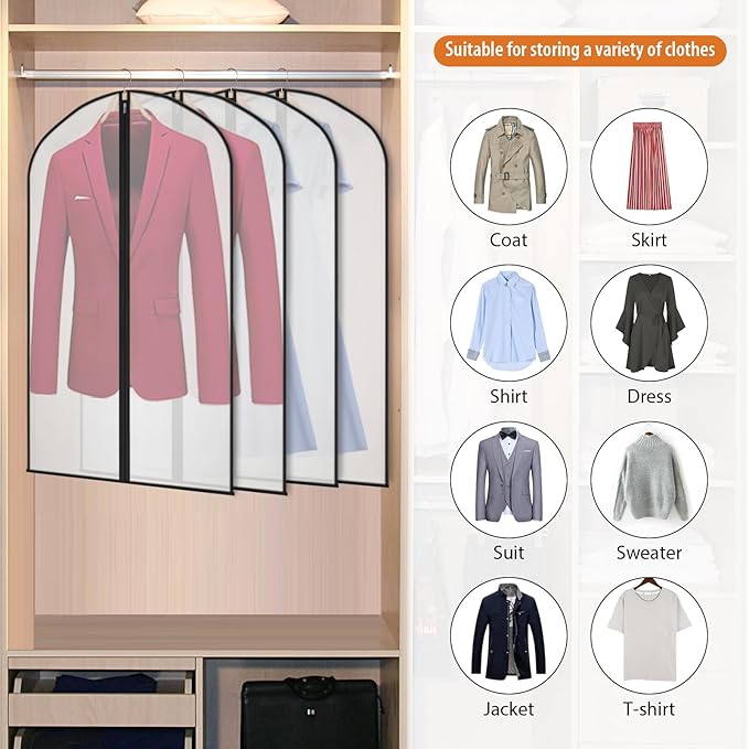 Garment Bags Clear Suit Bag for Closet Storage Hanging Clothes Dress Cover Bags (40" 12pcs-Black Edges)